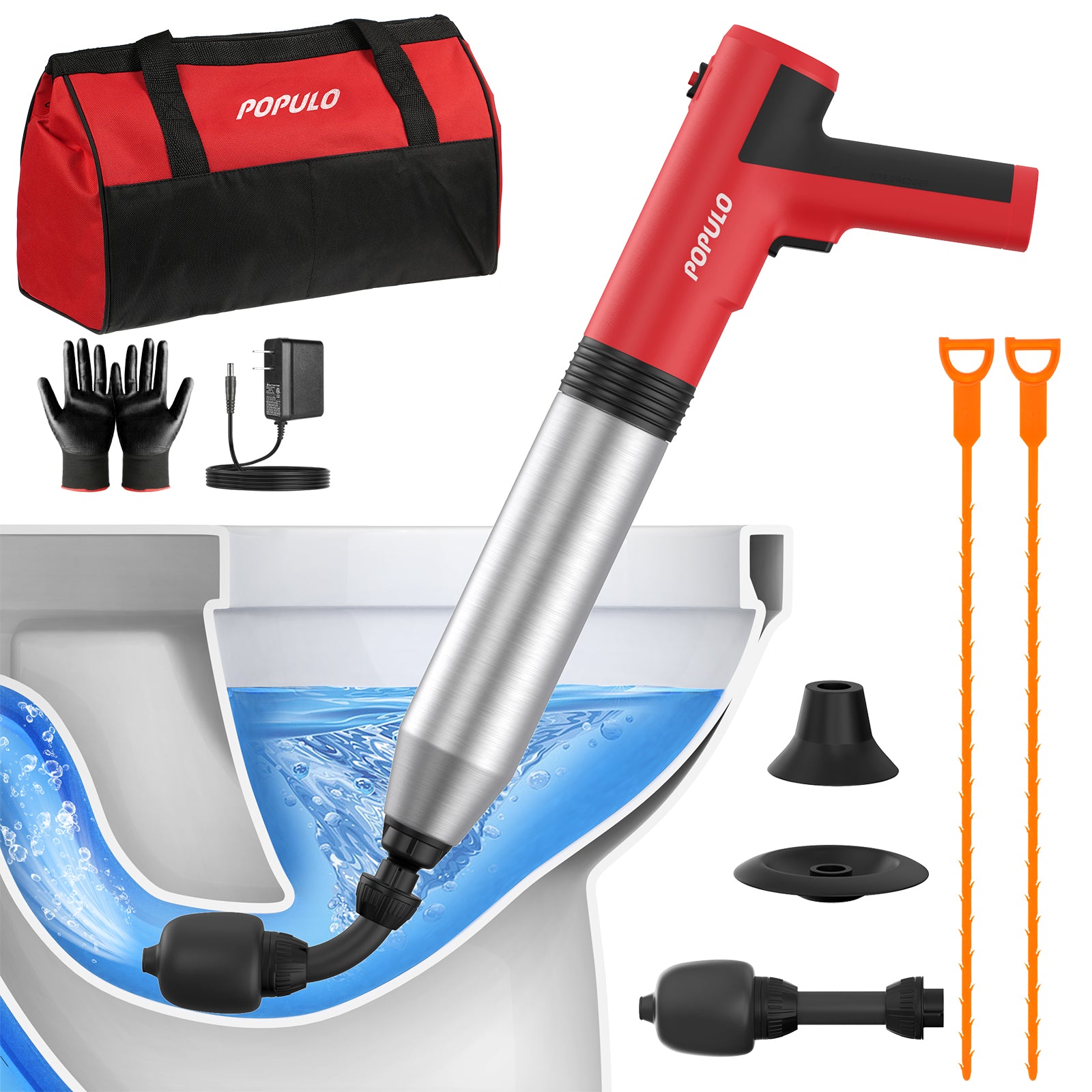 POPULO Electric Drain Auger 25Ft Plumbing Snake Drain Clog Remover Tools,  Cordless Drain Cleaner for Toilet, Sewer, Bathroom, Sink and Shower 3/4-2  Pipes whole machine 