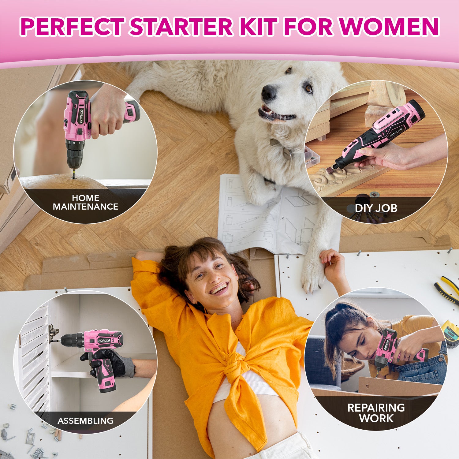 One Female Tools Pink Household Power Tool Combo for Women(3-Tool), 12V Lightweight Cor ...