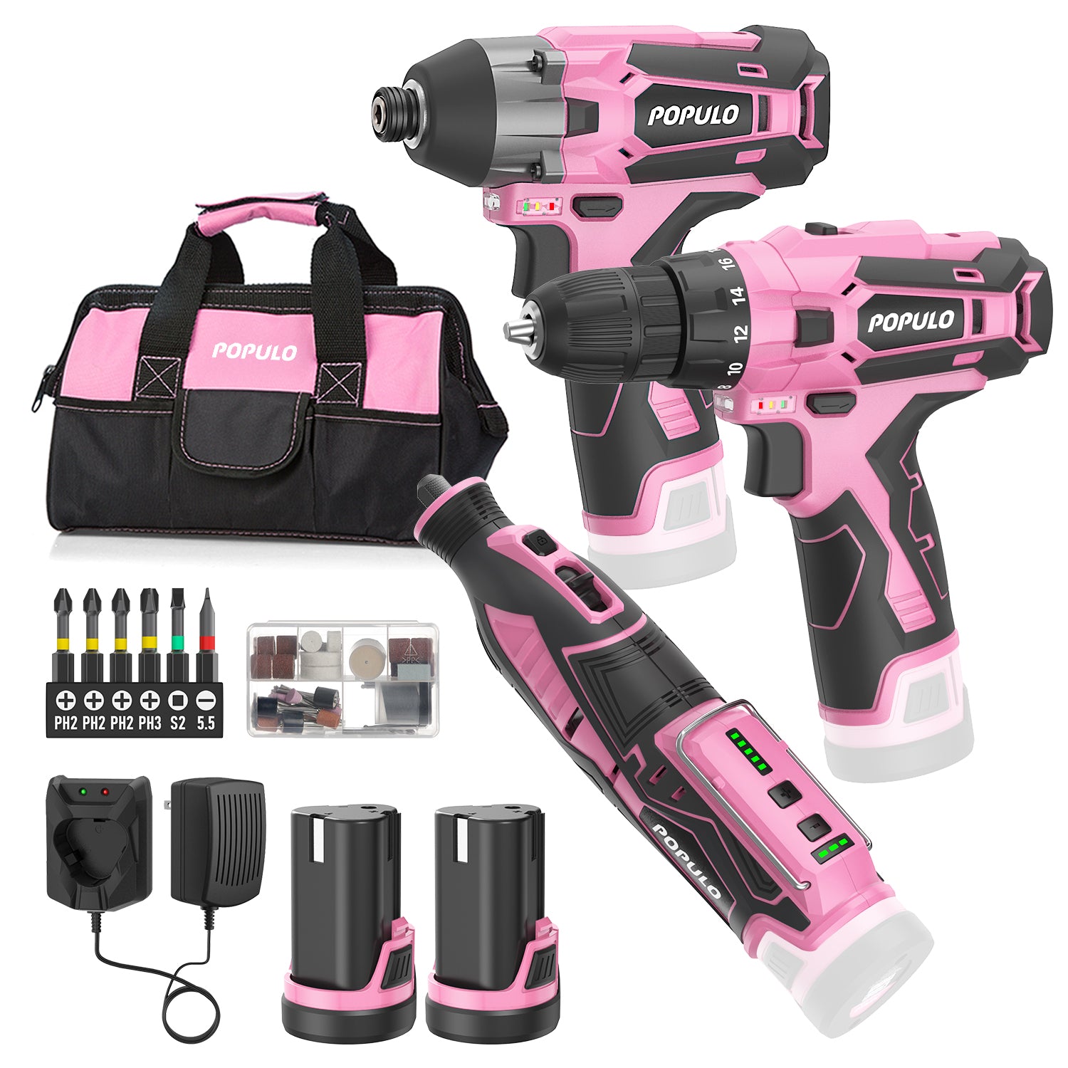 One Female Tools Pink Household Power Tool Combo for Women(3-Tool), 12V Lightweight Cor ...